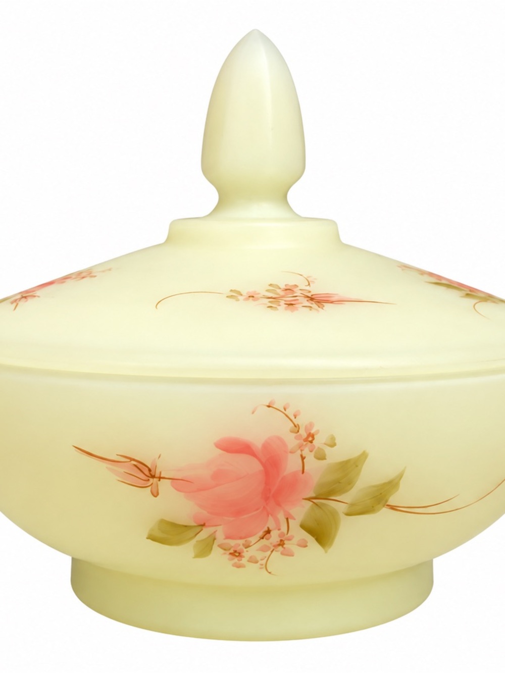 Fenton Yellow Custard Glass Covered Dish with Pink Floral Decoration